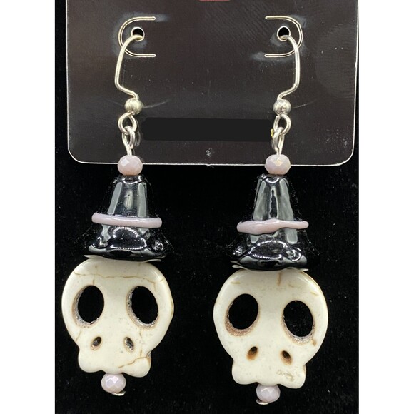 Jewelry - Handmade White Skull Black Glass Witch Hat Purple Crystal Earrings by Neanie-Bot